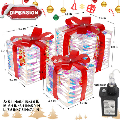 Lulu Home Set of 3 Christmas Lighted Gift Boxes, Pre-lit 140 LEDs Light Up Boxes with Red Bows, Plug-in Lighted Xmas Boxes with Timer for Christmas Trees Holiday Display Party Indoor Yard Lawn Decors