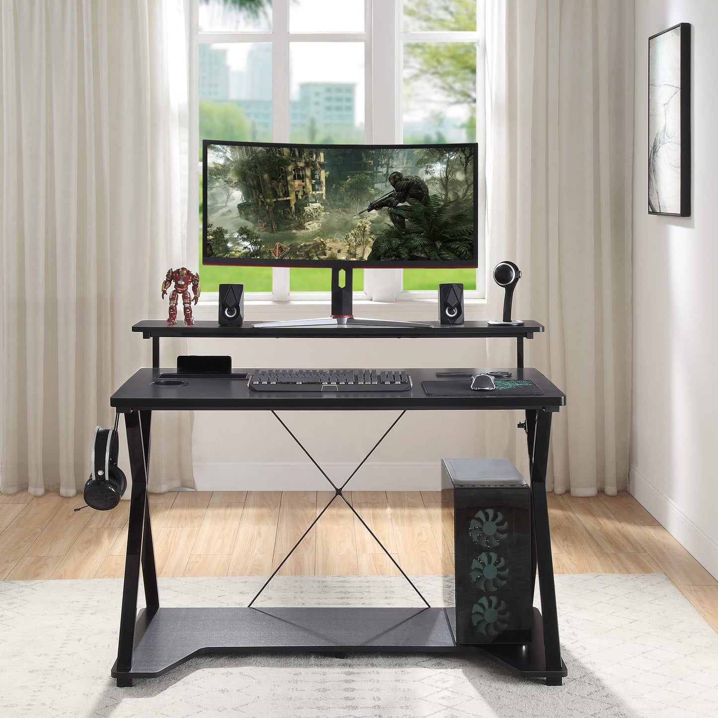 OSP Home Furnishings Checkpoint Ghost Battlestation Gaming Desk with RGB LED Lights, Black