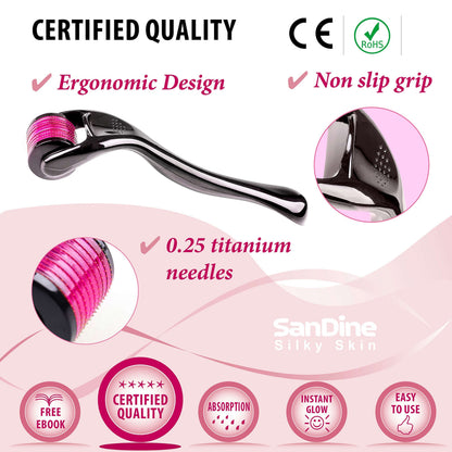 Microneedle Derma Roller - 540 Micro Needle Skin Care System - Ideal to Keep Your Skin Young and Radiant - Titanium for Silky Smooth and Beautiful Skin - Includes FREE E-Book -By Sandine (0.3mm)