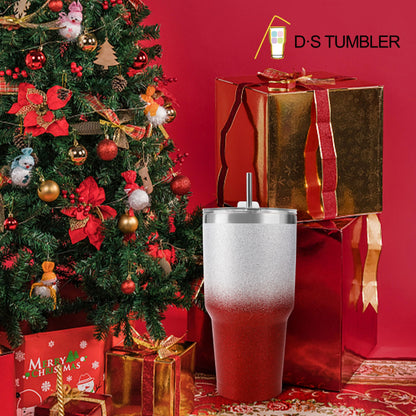 D·S 30 oz Tumbler Christmas Red Glitter Gradient Cup Stainless Steel Double Wall Vacuum Insulated Mug with Straw and Lid, Cleaning Brush for Cold and Hot Beverages