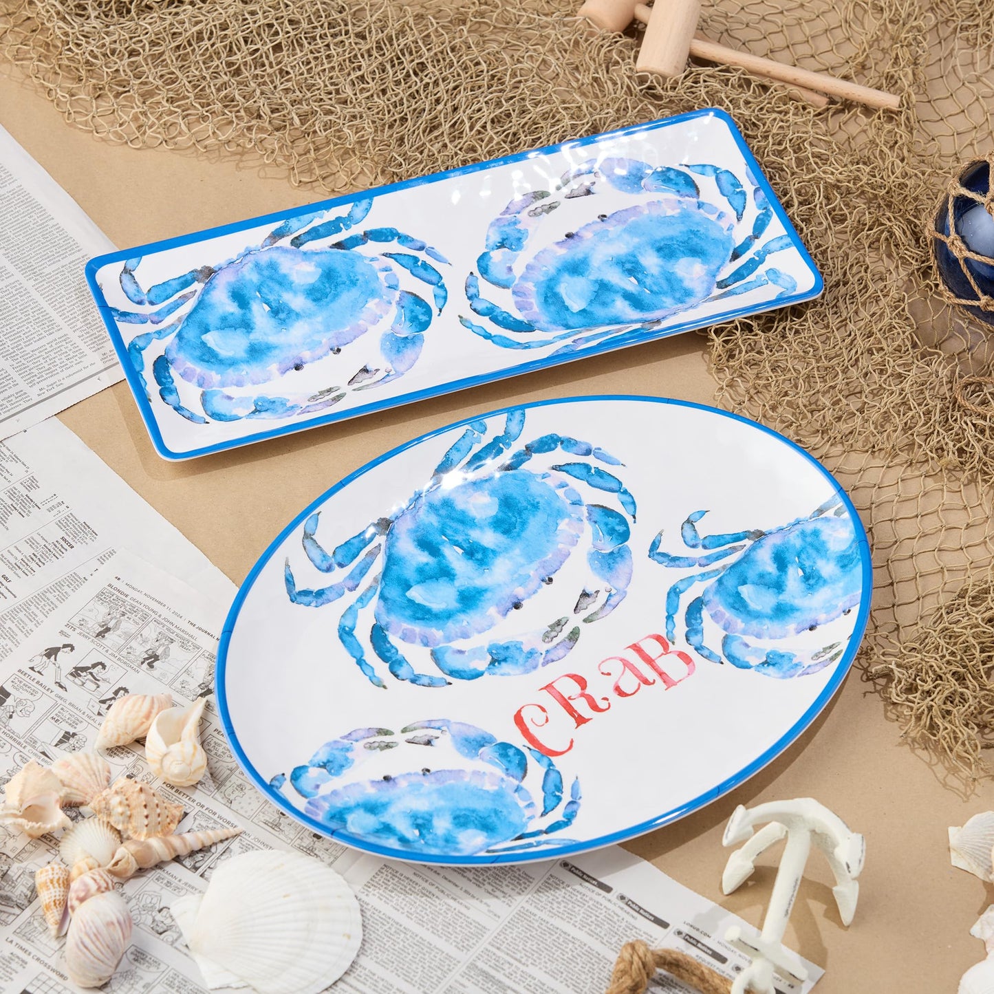 Beach House Crab Melamine 2-Piece Platter Set – Oval & Rectangular Platters, Durable, Shatterproof, Lightweight & Dishwasher-Safe