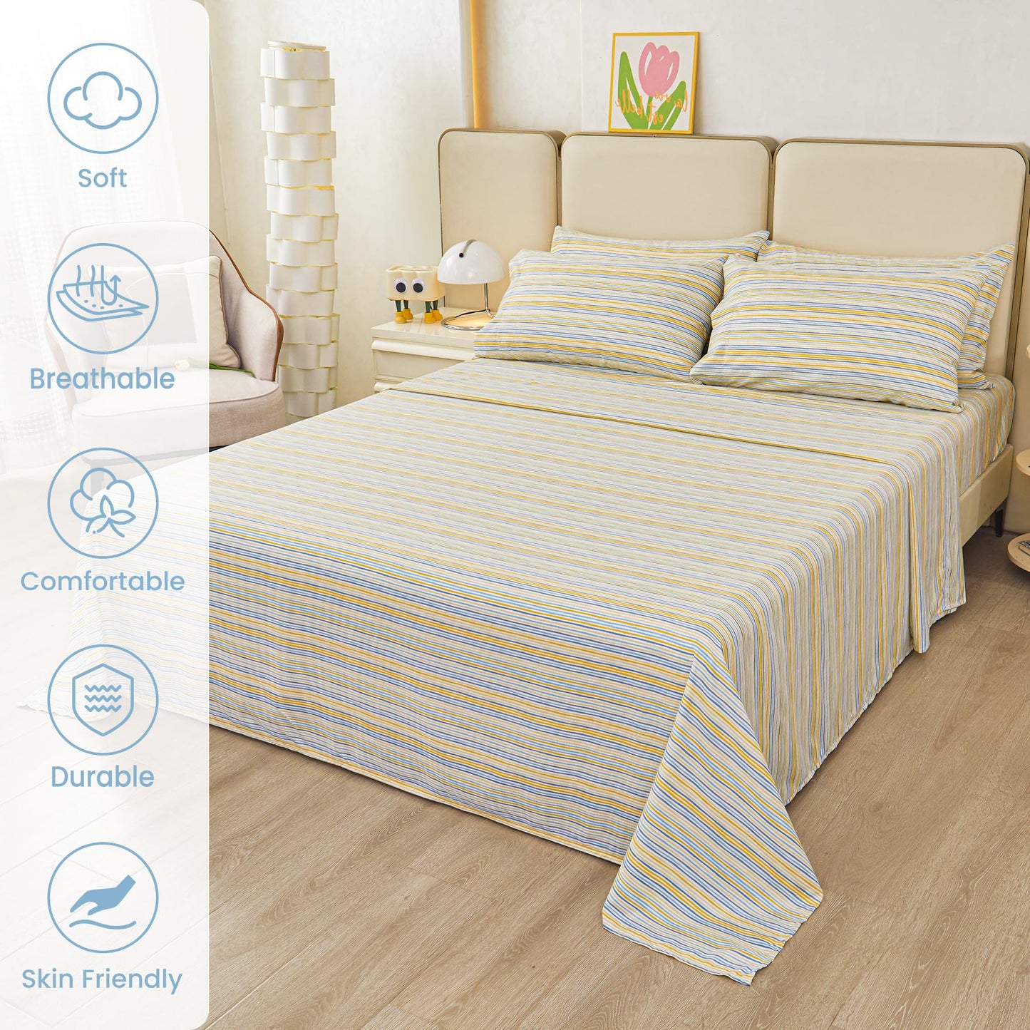 Mooreeke Striped Queen Bed Sheets, Deep Pocket 4 Piece Queen Sheet Set, Soft Microfiber Blue Yellow Pinstripe Bedding Sheets & Pillowcases