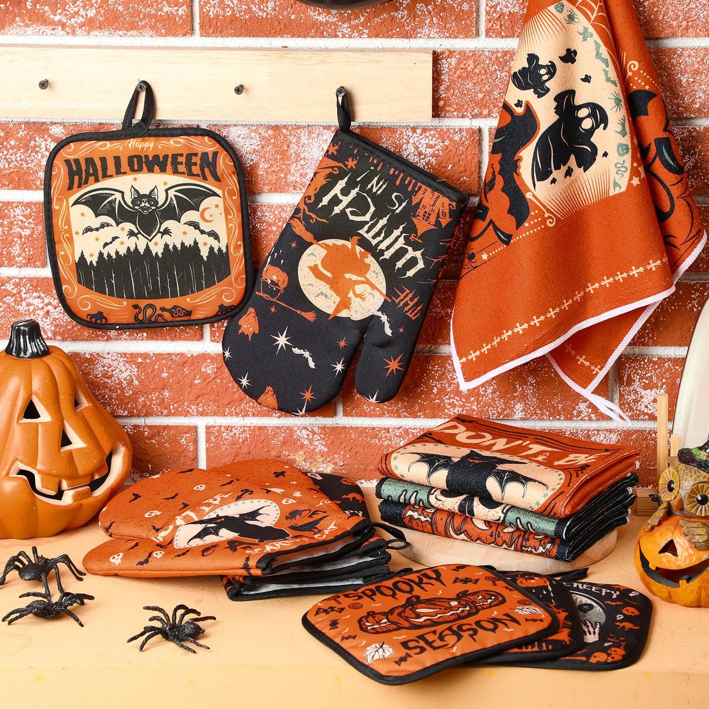 SiliFine 12 Pcs Halloween Kitchen Towels Pot Holders and Oven Mitts Set 4 Ghost Dish Towels 4 Gothic Witchy Oven Mitts 4 Spooky Pumpkin Pot Holders for Halloween Home Cooking Dish Baking Decorative