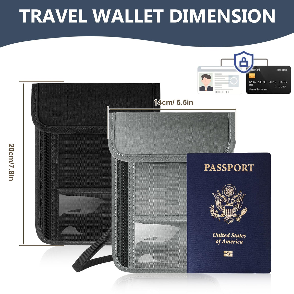 Likesing 5.5" L x 7.7" W Travel Neck Wallet, RFID Blocking Passport Holder for Travel Women Men, Security Passport Travel Wallet with 10 Card Slot, Neck Pouch Gifts for Traveling Family (Black)