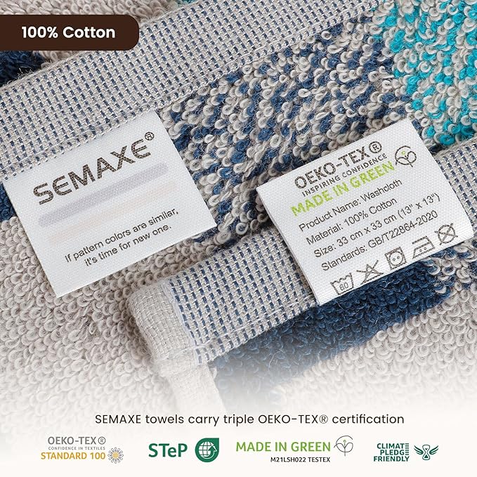 SEMAXE 100% Cotton Washcloths 12-Pack, 13 × 13 Inch Soft Luxury Face Towels –