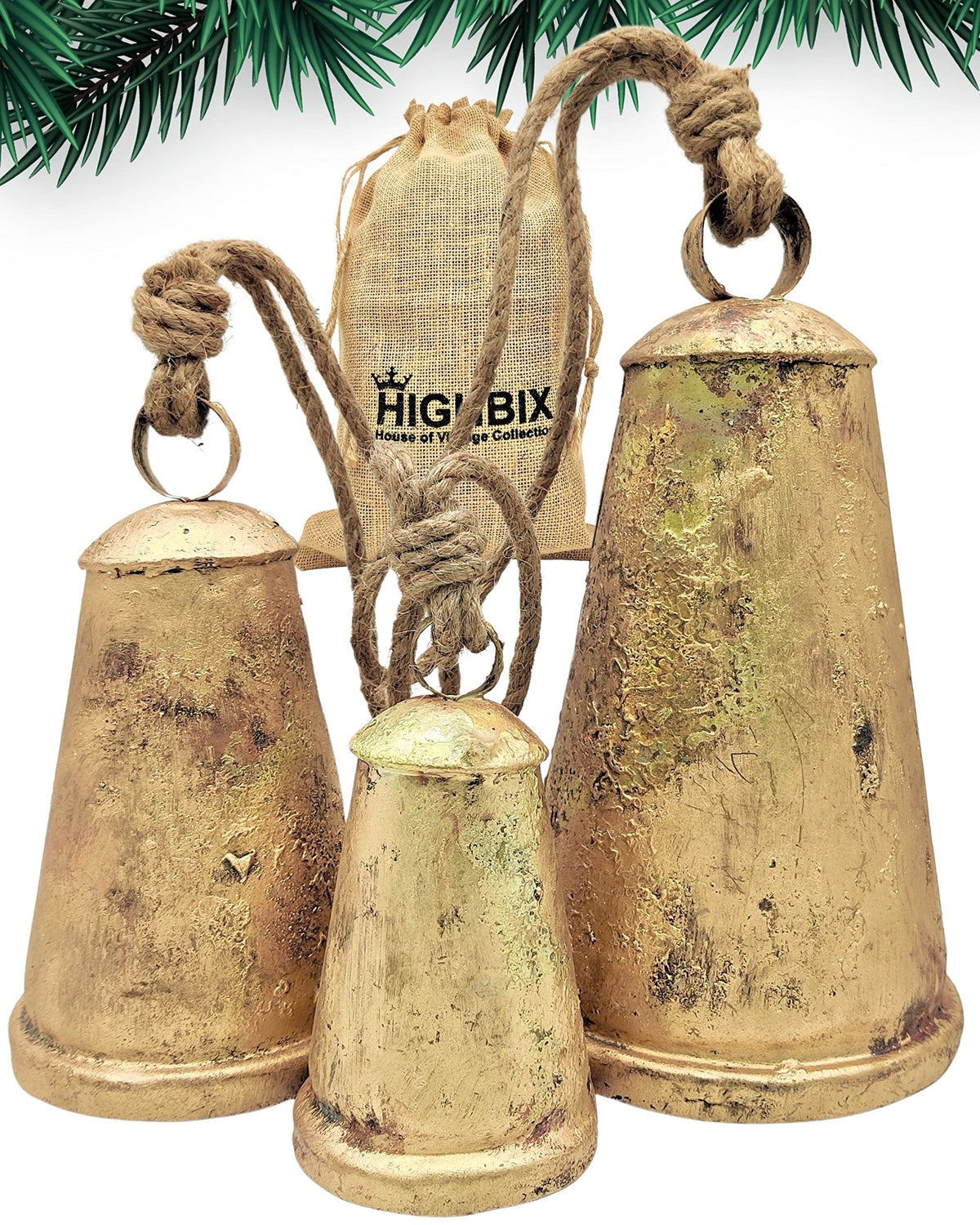 HIGHBIX Set of 3 Giant Harmony Cow Bells Huge Vintage Handmade Rustic Lucky Christmas Hanging Cone Bells (X-Large)