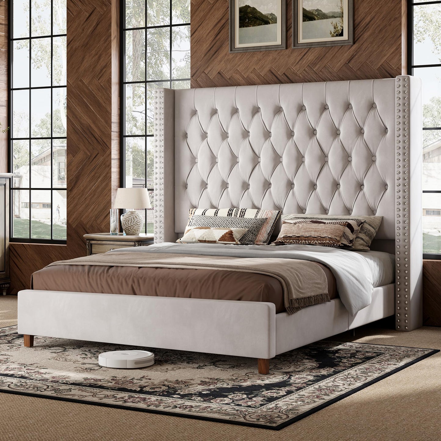 PaPaJet California King Bed Frame with 61.4" Tall Wingback Headboard, Velvet Upholstered Platform Bed, No Box Spring Needed, Noise-Free&Easy Assembly, for Tall Sleepers & Long Master Bedroom, Cream