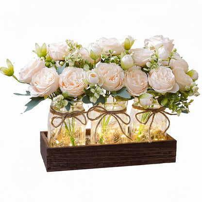LUEUR Mason Jar Lights Centerpiece with Farmhouse Wood Tray – 3 Jars with Champagne Peony Spring Flowers, Spring & Summer Wedding Decoration for Dining Table, Coffee Table, Kitchen & Living Room