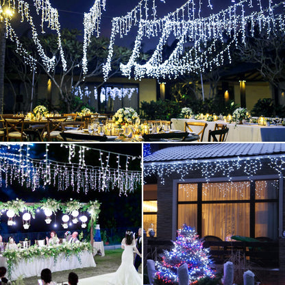 mimigogo 300 LED Solar Icicle Lights Outdoor with Remote Control, 33ft 8 Modes Curtain String Lights with 50 Drops, Christmas Holiday Wedding Party Decorations, White