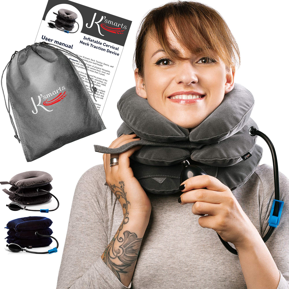 Pinched Nerve Neck Stretcher Cervical Traction Device for Home Pain Treatment | Inflatable Spinal Decompression Collar Unit Muscle Strain Injury Relief | Herniated Disc Problems Remedy Kit (Gray)