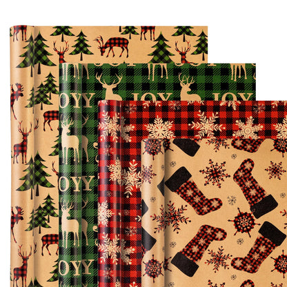 Christmas Wrapping Paper (4 Rolls: 93 sq. ft. ttl) - Red/Green and Black Plaid Grid Patterns, Stockings Snowflakes Pine Tree and Reindeer - Holiday Kraft Gift Paper 17 inches x 16.5 feet Per Roll