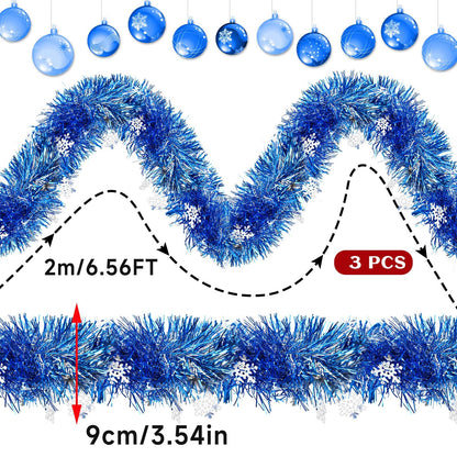 MARFOREVER Blue Snowflake Tinsel Garland Winter Wonderland Decorations, Winter Metallic Twist Garland for Winter Holidays New Year Weddings Party Home Wall Classroom Hanging Decor, 3 Pcs 19.7 FT