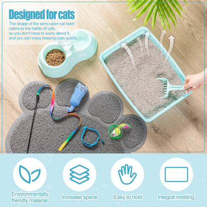 7 Pcs Small Cat Kitten Starter Kit Cat Litter Box with Shovel Paw Litter Mat Double Automatic Kitten Bowls Toy Teaser Stick Collar Essentials Kits for 1-3 Lbs Beginner(Simple,Blue)