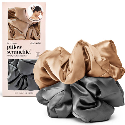 Kitsch Satin Hair Scrunchies for Women - Softer Than Silk Scrunchies for Hair | Satin Scrunchies for Girls & Stylish Satin Hair Ties for Women | Cute Satin Hair Scrunchie, 2 pc (Charcoal/Gold)