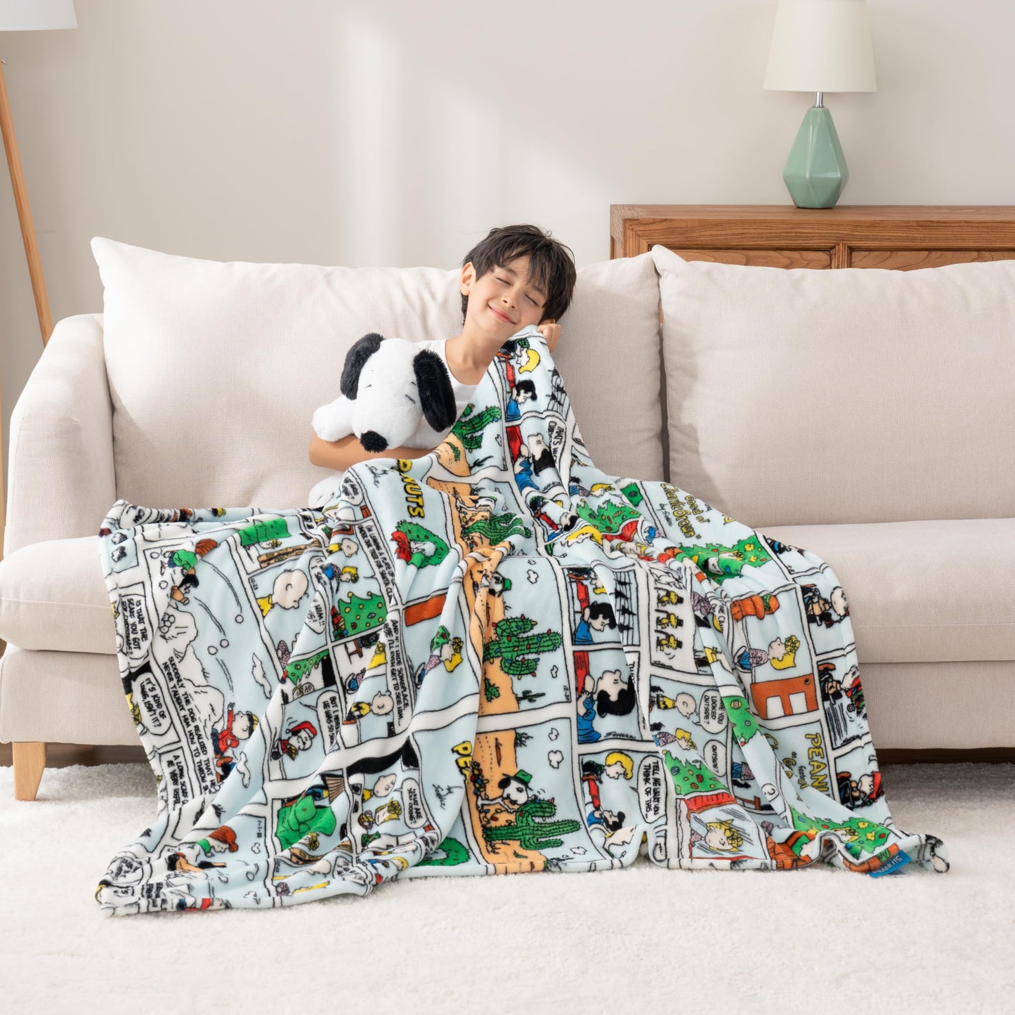 Berkshire Blanket Peanuts® VelvetLoft® Cute Character Snoopy Plush Oversized Kids Throw Blanket, Peanuts Christmas Comic Strip Colorized White (50in x 60in)
