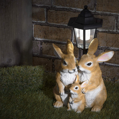 GloBrite Solar Rabbit Family with Lantern Post Light – Resin Garden Ornaments Outdoor Use - Solar Garden Lights for Yard, Patio, Lawn– Charming Animal Figurines