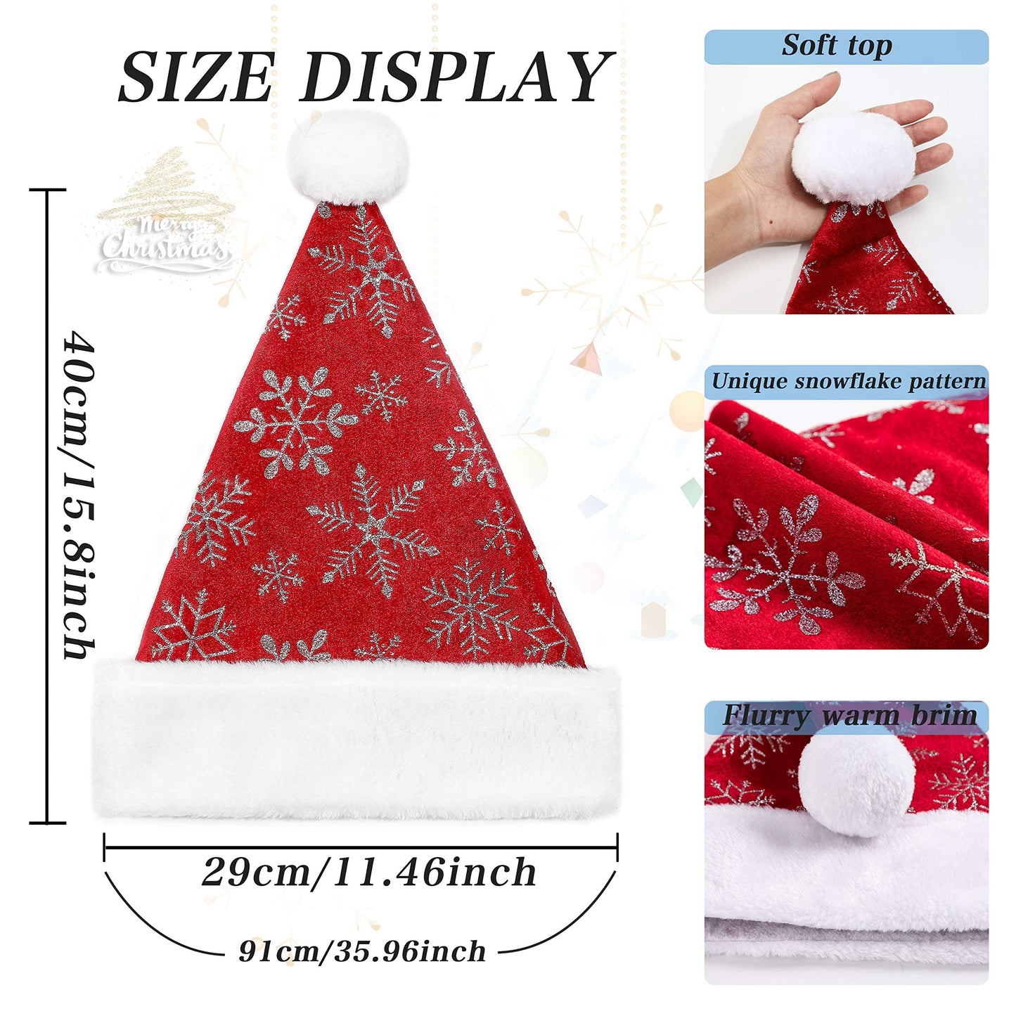LessMo 4 Pcak Christmas Santa Hat, Santa Hat Adults Christmas Hats, Reusable Double Liner Plush with Snowflake Pattern, for Children Kids Christmas New Year Festive Holiday Party Supplies