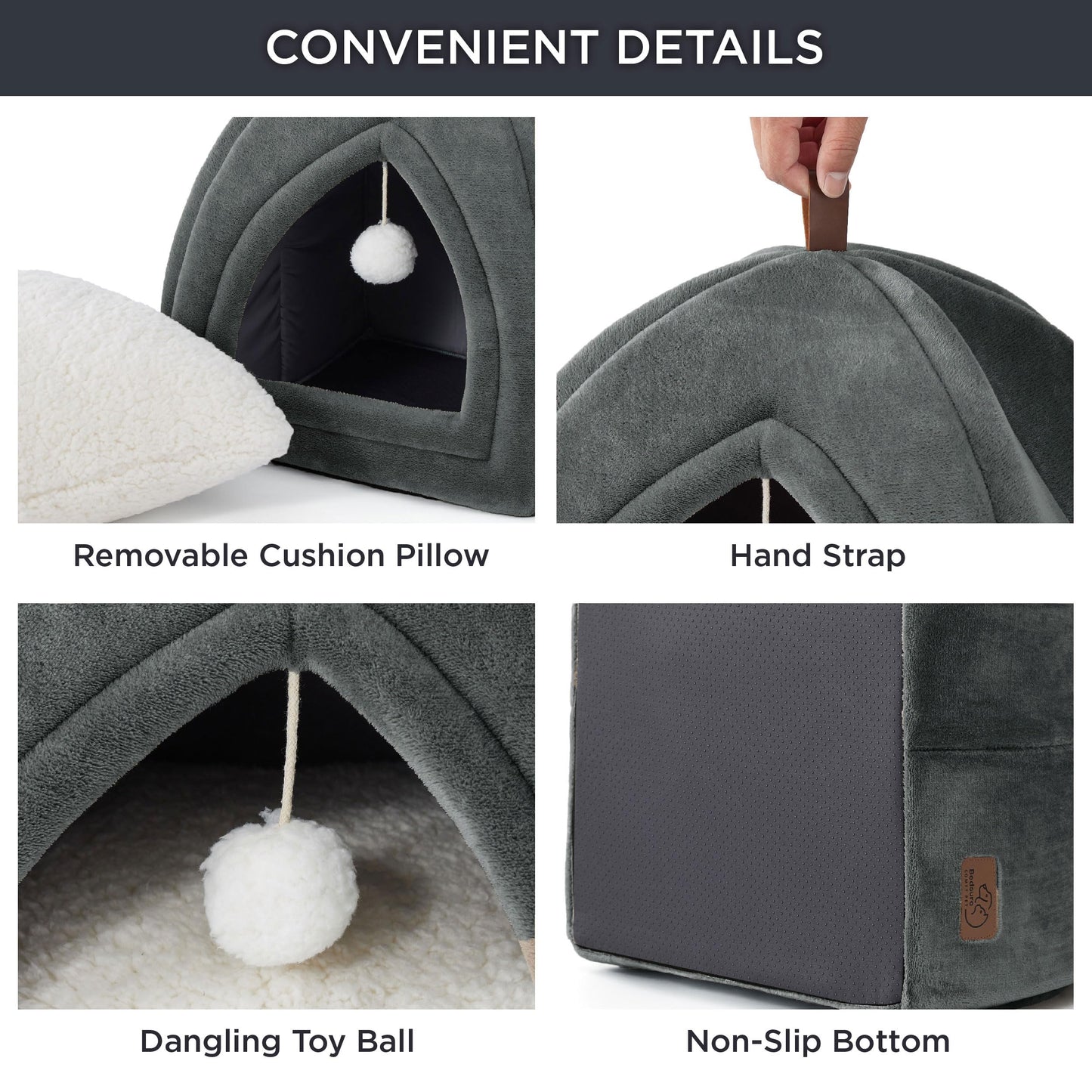 Bedsure Cat Cave Bed Indoor - Flannel Hooded Cat Igloo House, 40x40x40cm Enclosed Foldable Pet Bed with Removable Washable Cushion Pillow, Dark Grey