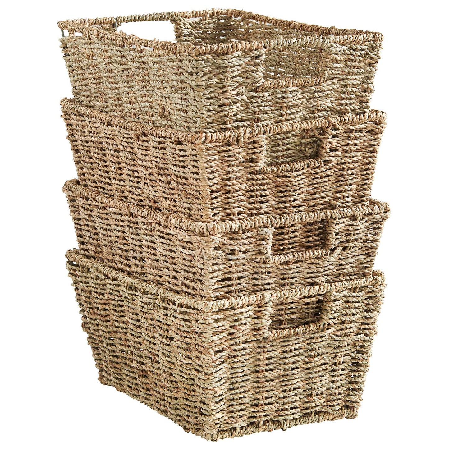 VonHaus Seagrass Storage Baskets, Set of 4 Hand-Woven Display Hampers - Bathroom Storage Baskets for Shelves - Nesting Natural Woven Seagrass Organiser w/Handles for Bedroom & Home Office