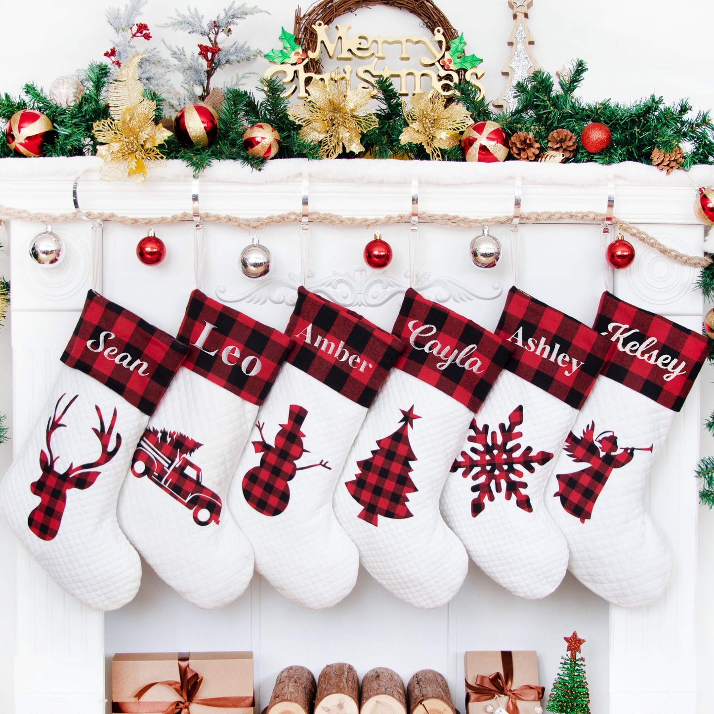 LUBOT Pack Personalized Christmas Stocking(20inch) Silhouette Buffalo Red Plaid/Rustic/Farmhouse/Country Fireplace Hanging Xmas Stockings Decorations for Family Holiday Season