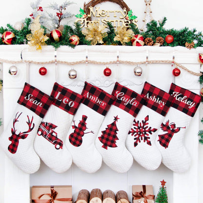 LUBOT Pack Personalized Christmas Stocking(20inch) Silhouette Buffalo Red Plaid/Rustic/Farmhouse/Country Fireplace Hanging Xmas Stockings Decorations for Family Holiday Season