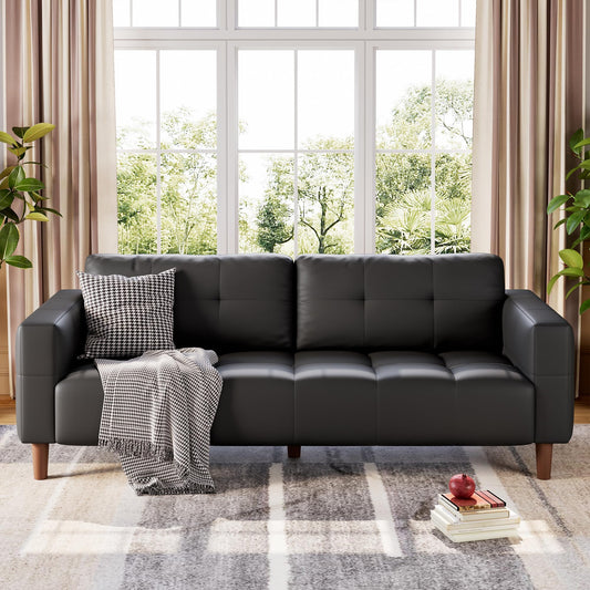 IDEALHOUSE 83” Black Faux Leather Couch, 3 Seater Sofa Couches with 2 Removable Back Cushions for Living Room, Large Mid Century Modern Office Apartment Couch (Black)