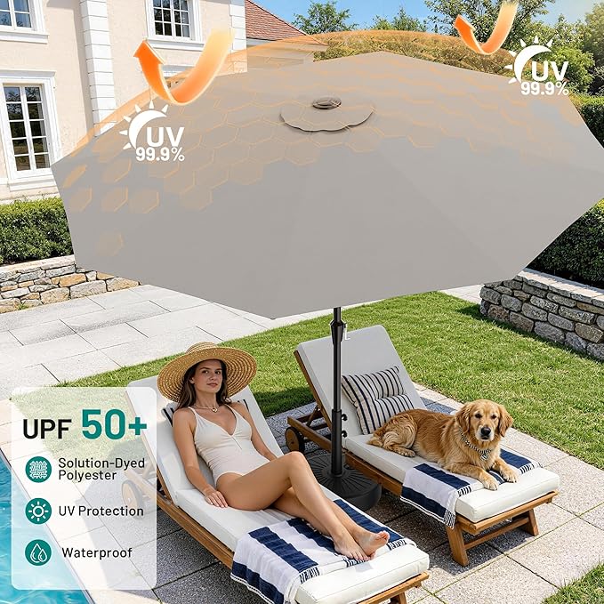 AreShark 9 FT Patio Umbrella for Outdoor, Outdoor Table Umbrella with Push Button Tilt and Crank, Outdoor Patio Umbrellas with 8 Sturdy Ribs for Market, Garden, Pool (Light Gray)