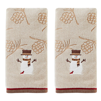 SKL Home Christmas/Winter Woodcut Snowman Hand Towel 2pc Set for Bath/Kitchen/Bar & Gift, Wheat
