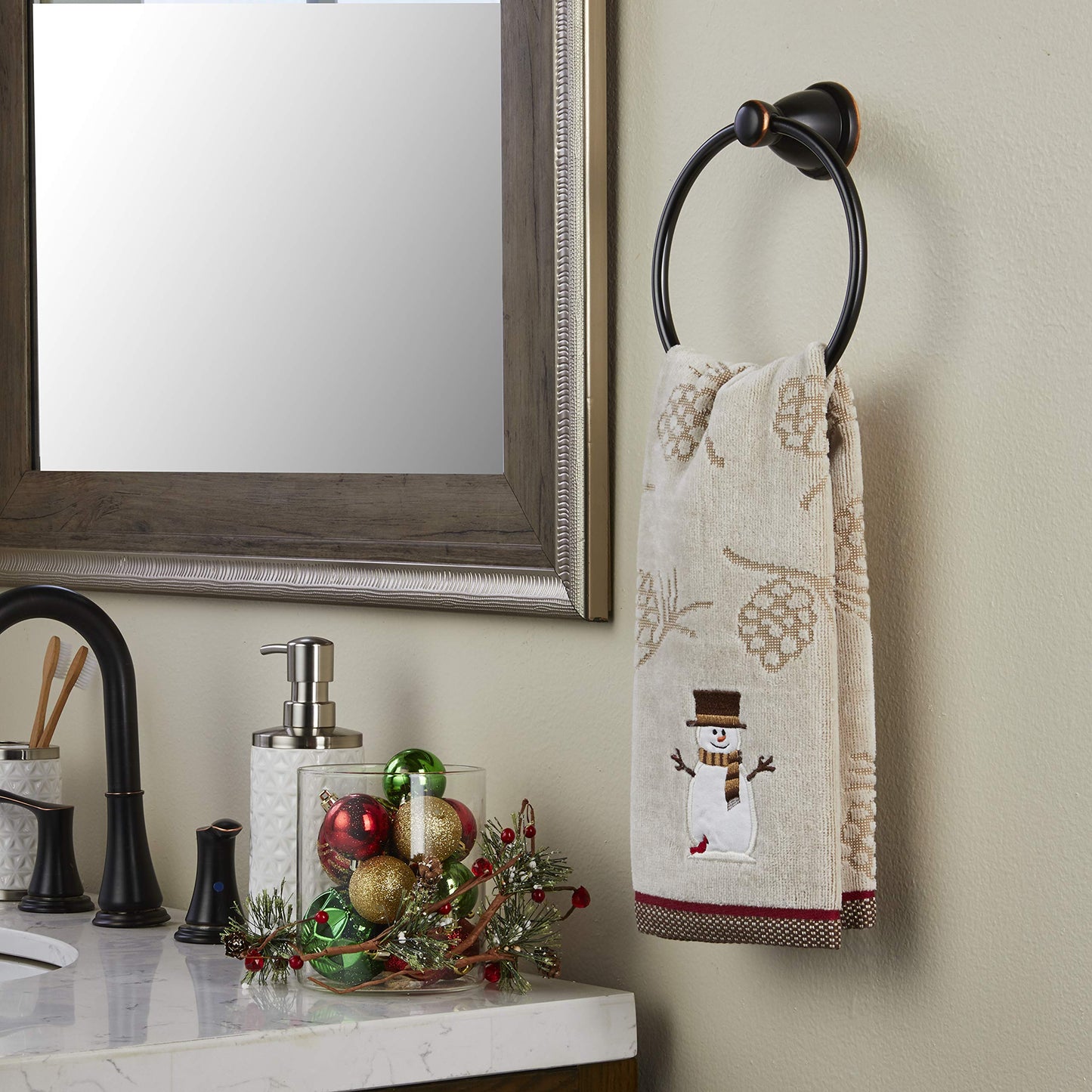 SKL Home Christmas/Winter Woodcut Snowman Hand Towel 2pc Set for Bath/Kitchen/Bar & Gift, Wheat