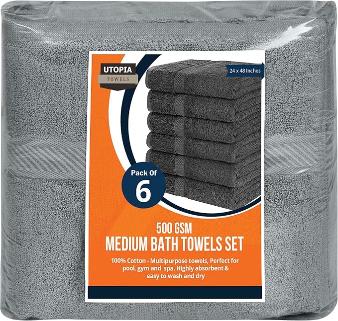 Utopia Towels 6 Pack Medium Bath Towel Set, 24 by 48 Inches, 500 GSM 100% Ring