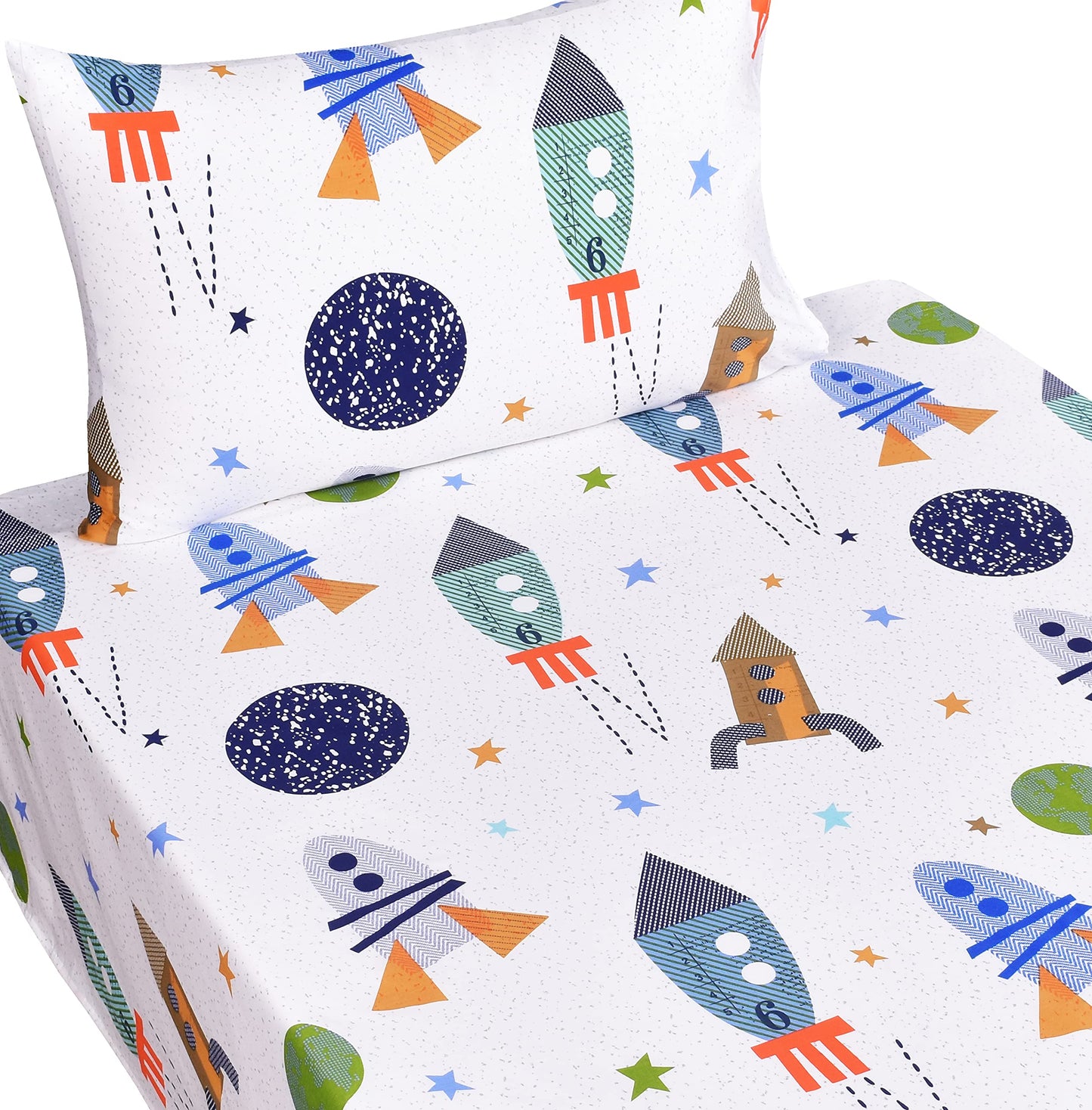 Scientific Sleep Outer Space Airship Rocket Star Explore Teen Boys Girls Cotton Cotton Twin Bed Sheet Set, Flat Sheet & Fitted Sheet & Pillowcase Bedding Set (Space, Twin)