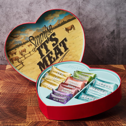 Valentine’s Day Gift for Men – Meat Heart with 14 Beef & Pork Sticks – Heart-Shaped Meat Snack Box for Him, Boyfriend, Husband