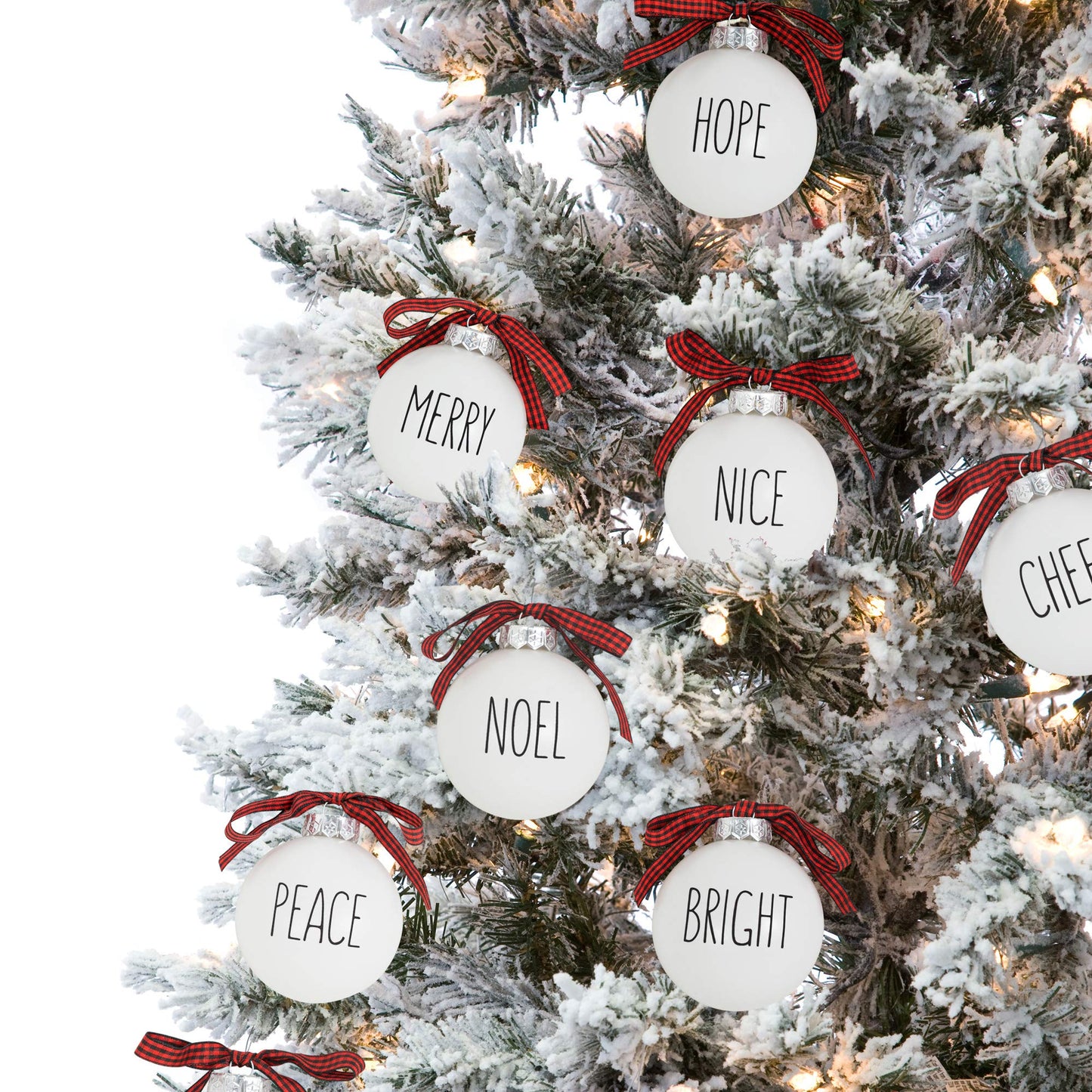 Buffalo Plaid Christmas Tree Ornaments - Set of 9 Shatterproof Bulbs - Farmhouse Word Ornaments - Compatible with Rae Dunn Rustic Decorations - Matte White Bulbs with Red & Black Buffalo Check Bows