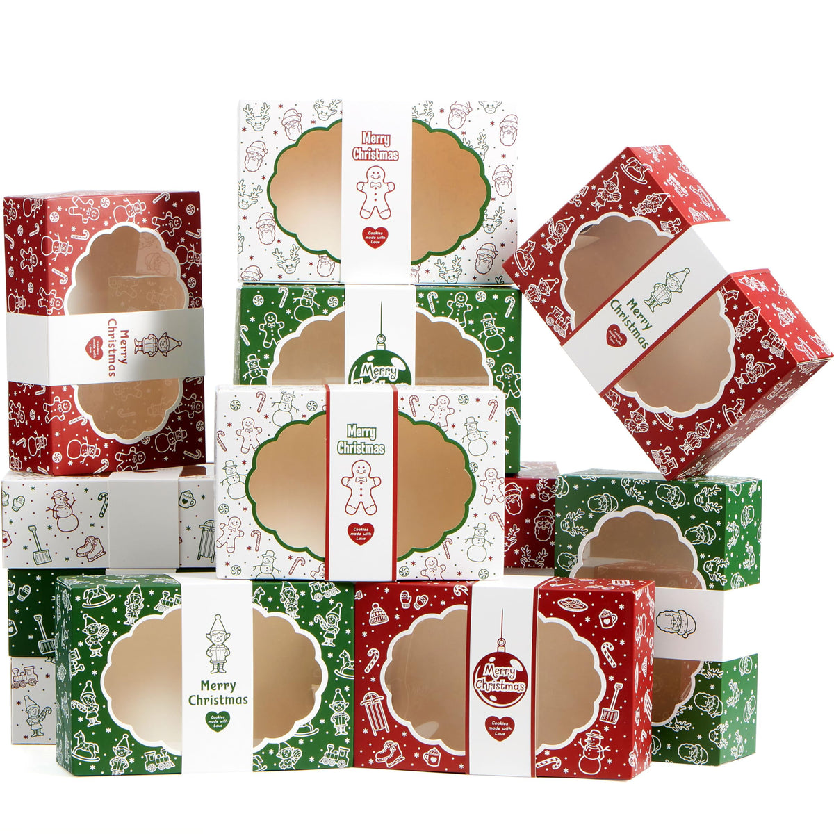 JOYIN 12PCS Christmas Cookie Boxes for Gift Giving, 8.5" x 5.75" x 2.75" Xmas Holiday Bakery Treat Boxes with Window, 4 Design Cookie Containers Box for Baked Goods, Cupcake, Pastry, Candy