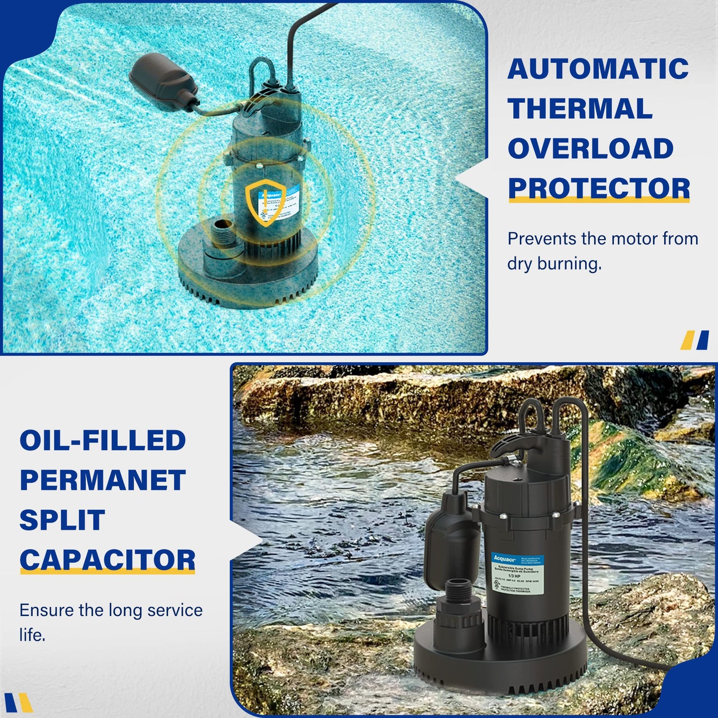 Acquaer Sump Pump Submersible Clean/Dirty Water Pump with Adjustable Float Switch for Garden Pool, Basement, Flooded House, Hot Tub and Irrigation, 1/3HP 3040GPH