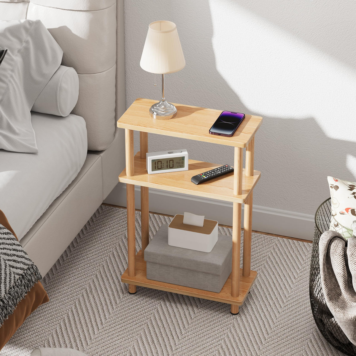 Apicizon Small Narrow Side Table, 3-Tier Skinny End Table for Small Spaces, Slim Nightstand with Storage Shelf, Bedside Table for Living Room, Bedroom, Natural