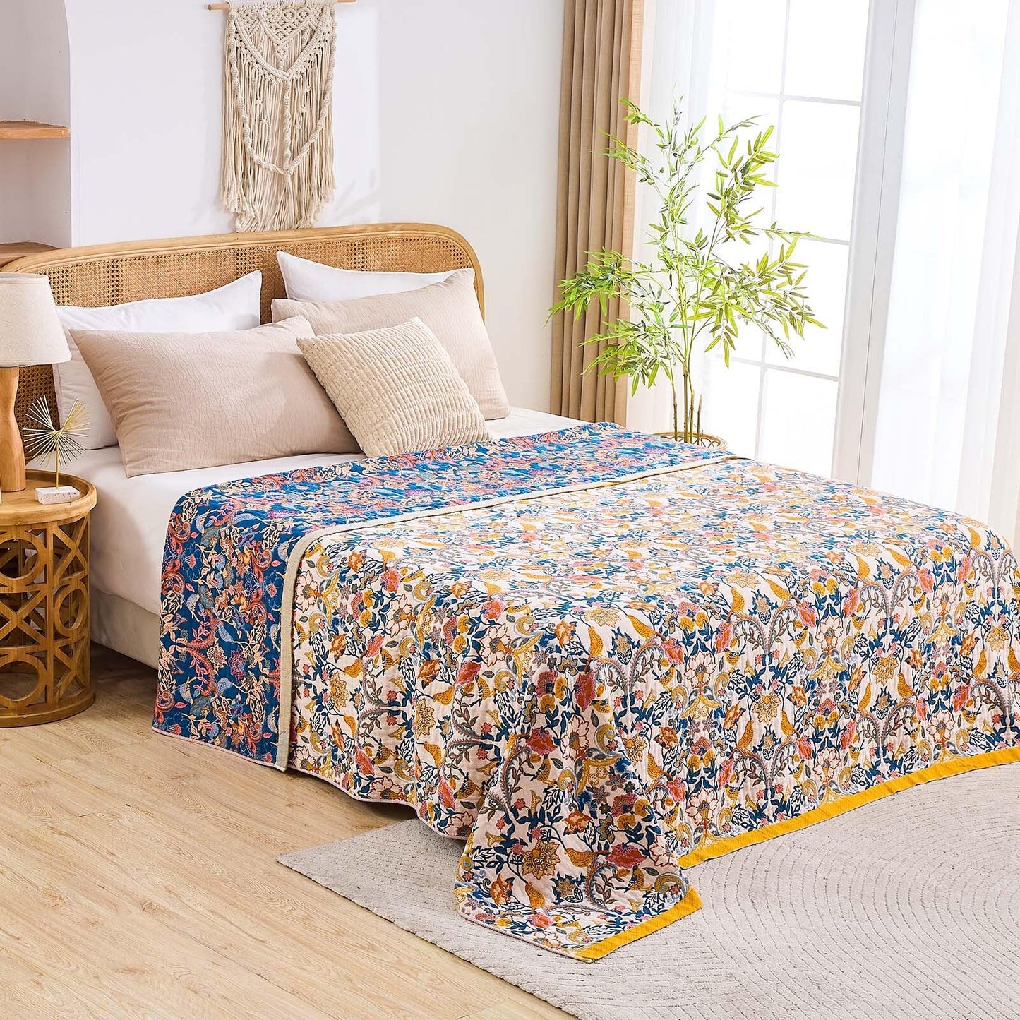 XIBLC Boho Blanket Throw Quilt, 100% Cotton Soft Light Weight Throw Blankets for Summer, 60"x80" Farmhouse Flower Decorative Blankets, All Season Rustic Reversible Bohemian Throw Quilt