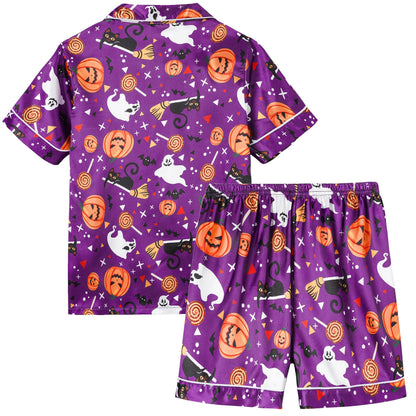Vopmocld Unisex Kids Girls Boys 3PCS Satin Pajamas Set Button Down Short Sleeve Long Pants and Shorts Silky Nighty Lounge Sleepwear, Halloween Purple, 10