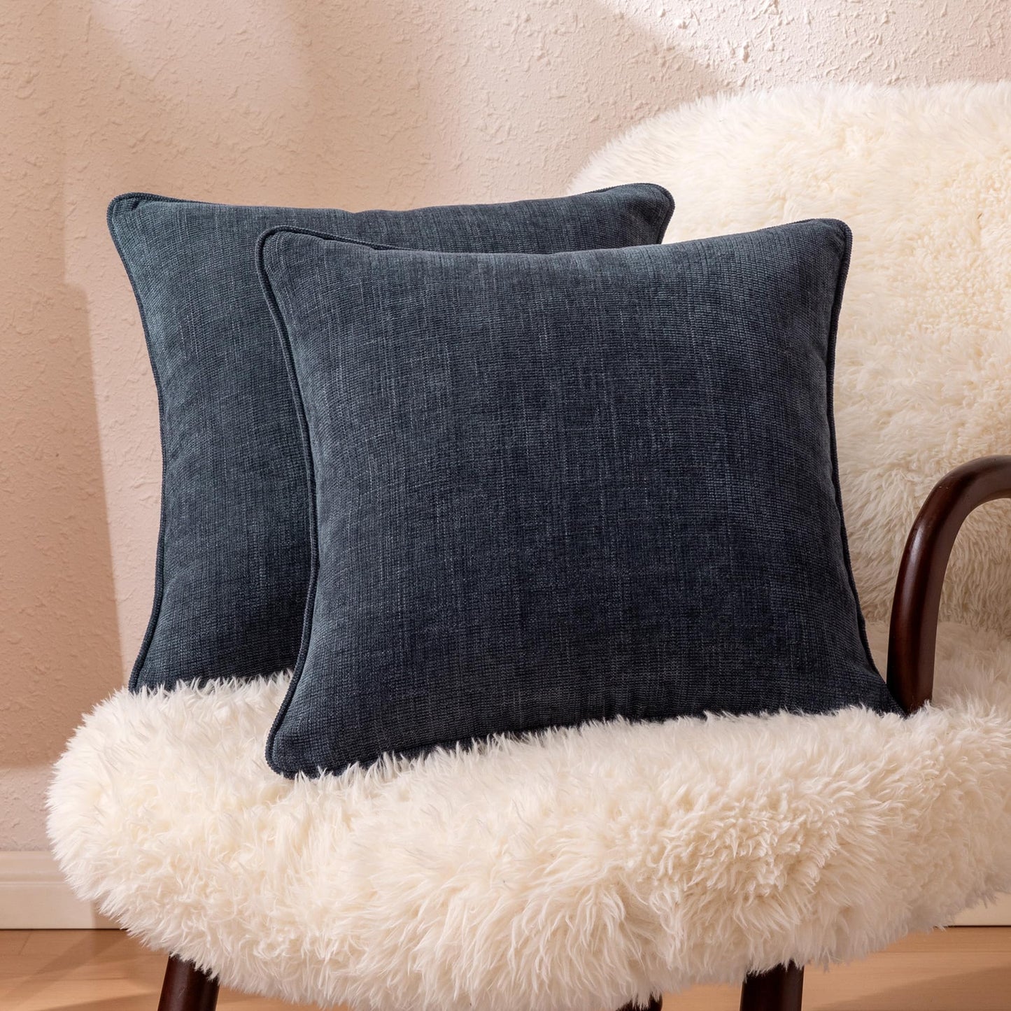 Amazon Basics Faux Linen Throw Pillow Covers with Hidden Zipper Closure, 16 × 16in, Navy Blue, Pack of 2