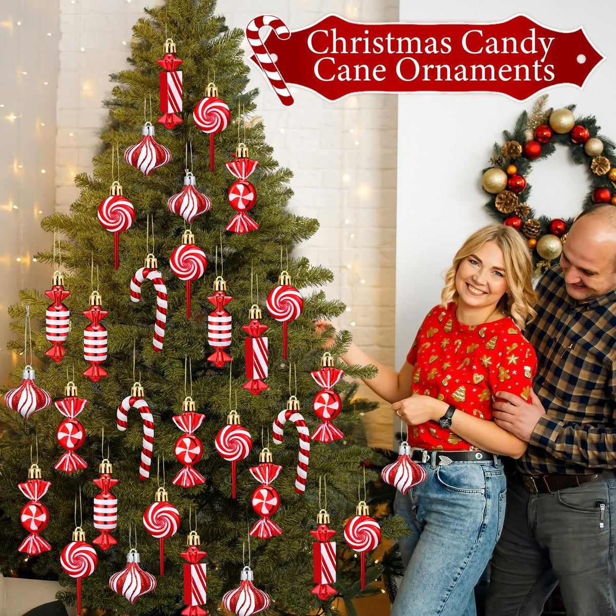 Realspring 30 Pcs Christmas Candy Ornaments Peppermint Candy Cane Christmas Decorations Plastic Lollipop Hanging Ornaments with Rope for Xmas Tree Party Holiday Supplies(Red White)