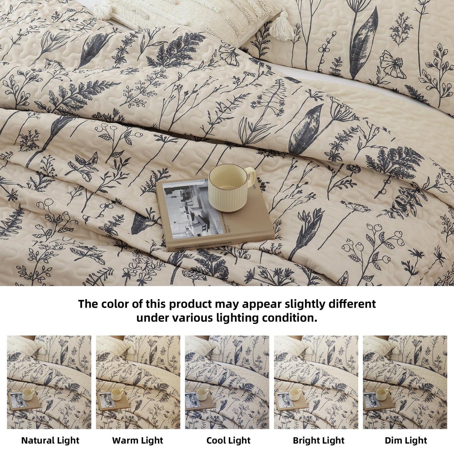 JANZAA Quilts Queen Size Beige Quilt Botanical with Floral Pattern Microfiber Bedspreads Queen Size 3 Pieces Lightweight Comforter Reversible Bedding Set, 1 Quilt 90x90 inches, 2 Pillowcases
