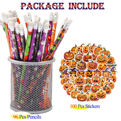 Halloween Pencils and Stickers Bulk Set – 96 Halloween Pencils with Erasers, 6 Spooky Designs + 100 Pumpkin Stickers – Trick or Treat Goodie Bag Fillers, Classroom Prizes, Party Favors Supplies