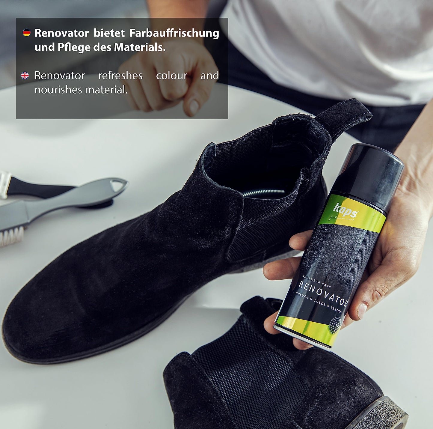Kaps Renovator, Shoe Spray for Nubuck and Suede, Shoe Care Product for Reviving and Redyeing Nubuck, Suede and Fabric Shoes, 200 ml (118 - Black)
