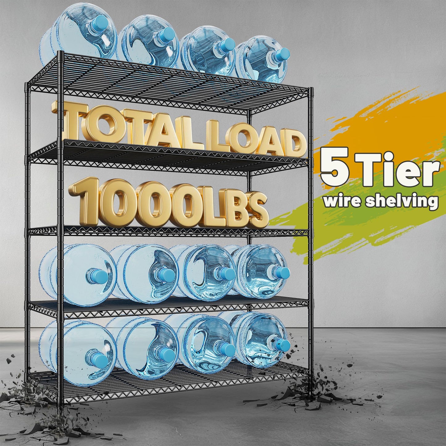REIBII 45.5''W Storage Shelves Wire Shelving, 5 Tier Pantry Shelves for Storage Rack, Adjustable Metal Shelving for Pantry Kitchen Steel Shelving, 45.5" W x 71" H x 17.7" D