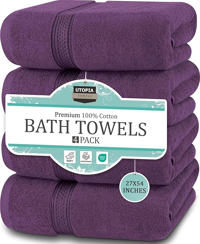 Utopia Towels 4 Pack Premium Bath Towels Set, 27 by 54 Inches, 100% Ring Spun