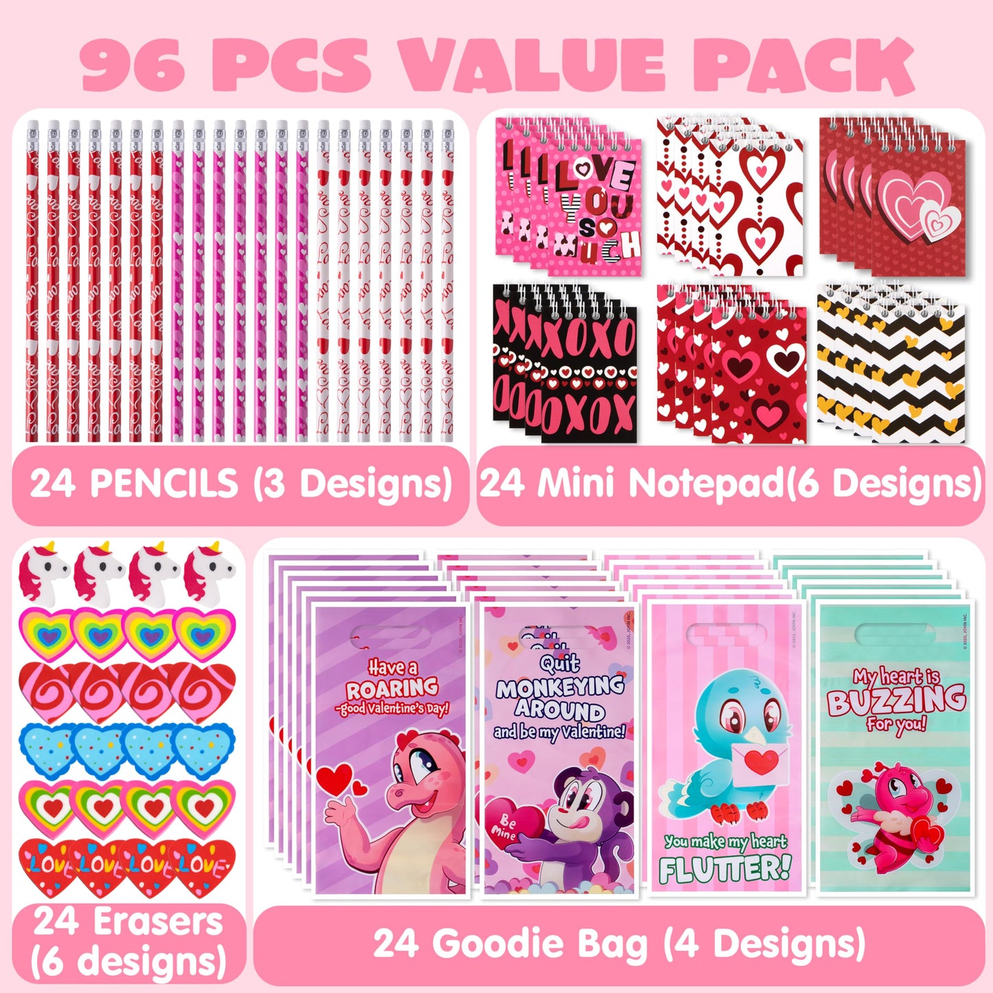 JOYIN 24packs Valentines Day Stationery Gifts, 96pcs Party Favor with Pencil, Erasers, Notebook & Bags for Kids School Classroom Exchange Supplies