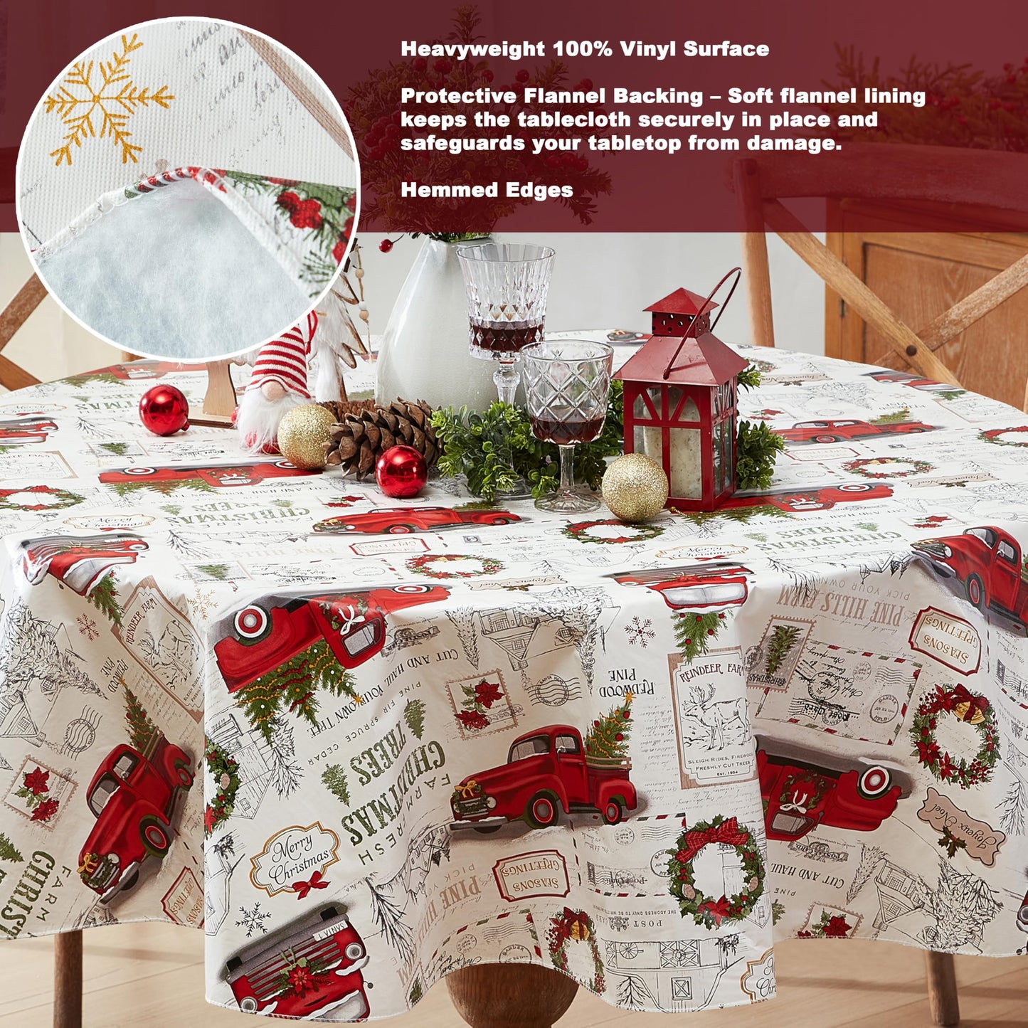 Newbridge Farm Fresh Christmas Tree Vinyl Tablecloth with Flannel Backing, Vintage Retro Holiday Print, Wipe Clean, 70 Inch Round
