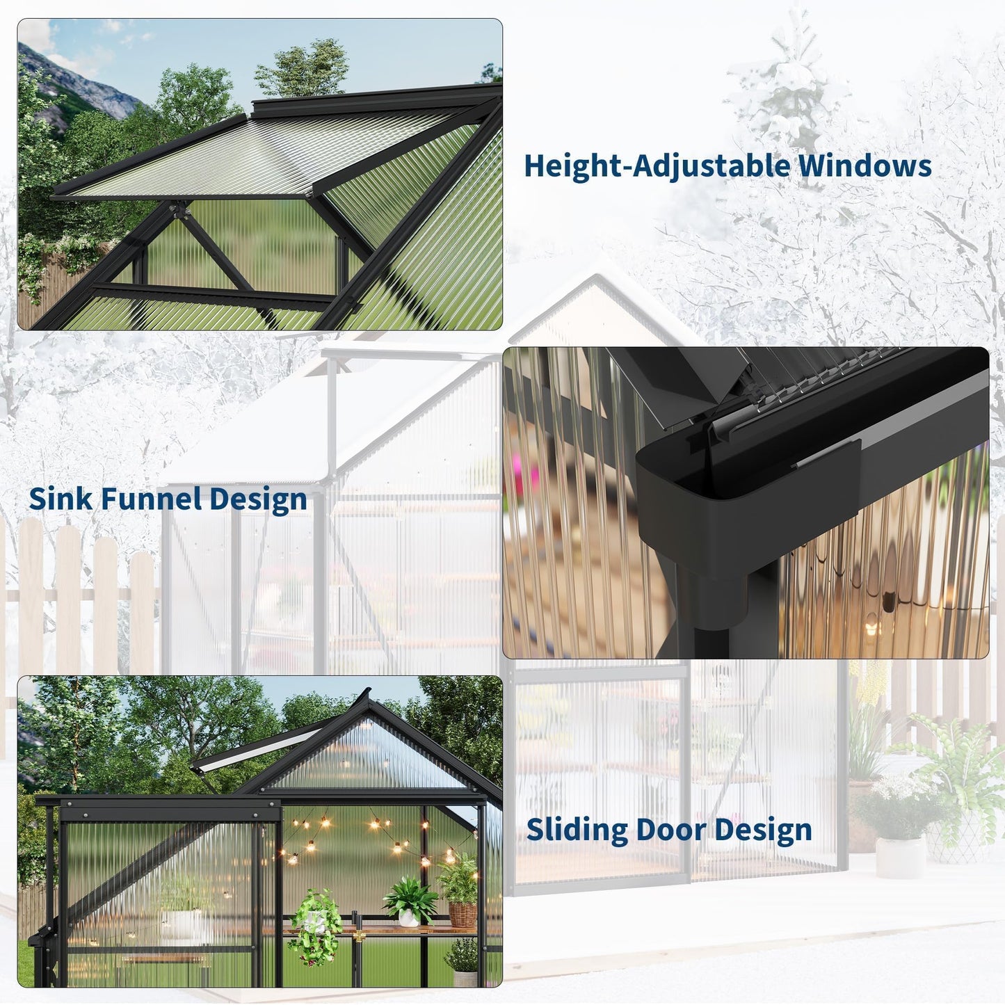 COZONY Heavy Duty Aluminum Frame Walk-in Greenhouse, 6x4 FT Polycarbonate Panels - Sliding Door, Adjustable Roof Vent, Rain Gutter - Durable Weather Resistant Structure for Backyard, Garden, Patio -