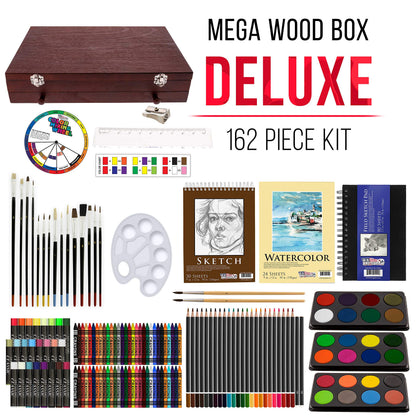 U.S. Art Supply 162-Piece Mega Wood Box Artist Kit with Painting, Drawing & Art Supplies for Adults - 24 Each (Watercolors, Oil Pastels, Pencils), 60 Crayons & 2 Brushes - Art Kit for Adults, Gift Set