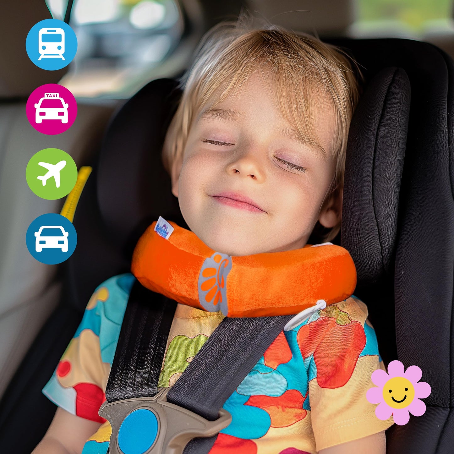 Trunki Kid's Travel Neck Pillow And Chin Rest | Support Sleepy Heads in the Car Seat, Plane, Bike or Pram | Yondi Small Mylo Monkey (Orange)